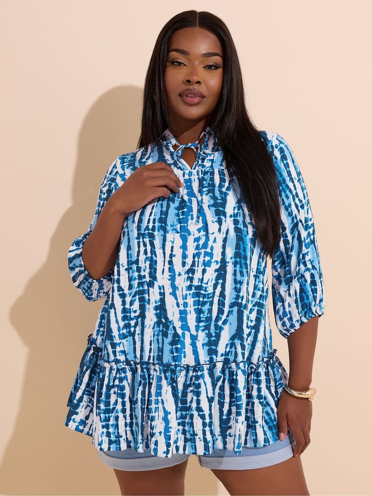 Yours Curve Blue Tie Neck Tiered Blouse - Image 1 of 6