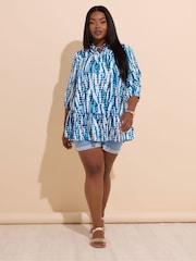 Yours Curve Blue Tie Neck Tiered Blouse - Image 3 of 6