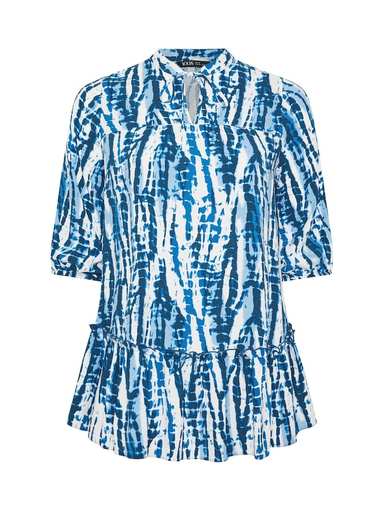 Yours Curve Blue Tie Neck Tiered Blouse - Image 6 of 6