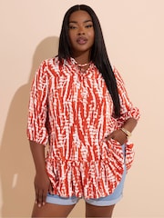 Yours Curve Orange Tie Neck Tiered Blouse - Image 1 of 6