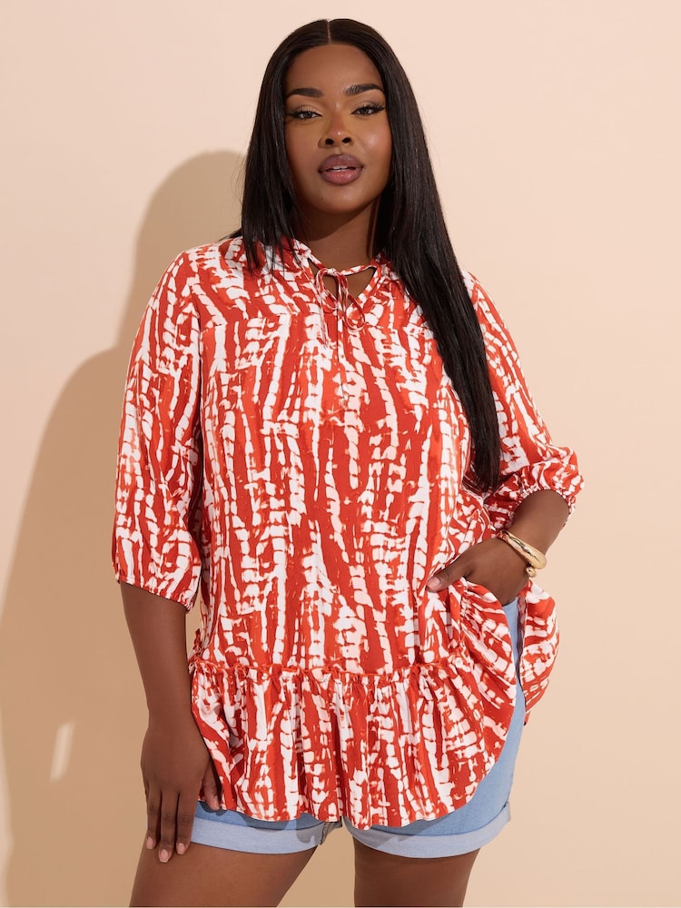 Yours Curve Orange Tie Neck Tiered Blouse - Image 1 of 6