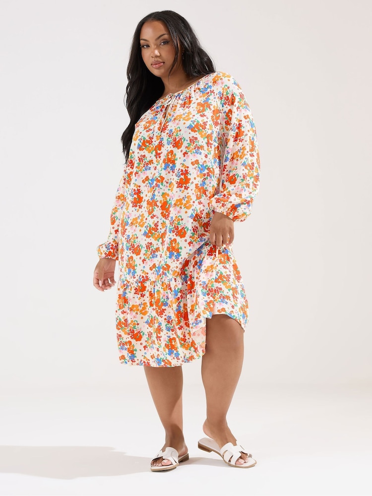 Yours Curve White Tie Neck Tiered Dress - Image 1 of 5 Yours Curve White Tie Neck Tiered Dress - Image 1 of 5