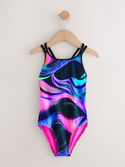 Black/Pink/Purple Swirl Double Strap Swimsuit (3-16yrs) - Image 5 of 8
