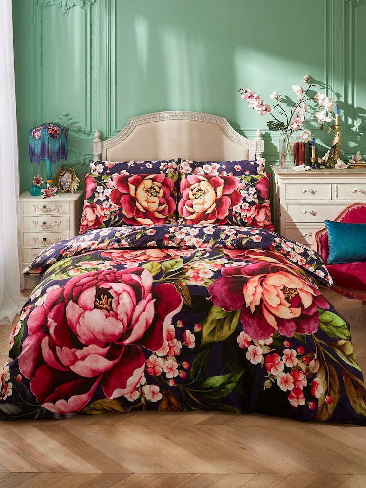 Joe Browns Navy Floral Blossom Cotton Sateen Reversible Duvet Set - Image 1 of 7