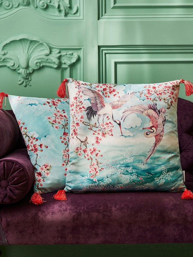Joe Browns Aqua Cherry Blossom Tasselled Reversible Velvet Cushion - Image 1 of 6