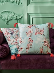 Joe Browns Aqua Cherry Blossom Tasselled Reversible Velvet Cushion - Image 2 of 6