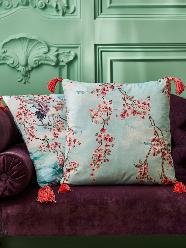 Joe Browns Aqua Cherry Blossom Tasselled Reversible Velvet Cushion - Image 2 of 6