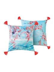 Joe Browns Aqua Cherry Blossom Tasselled Reversible Velvet Cushion - Image 5 of 6