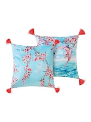 Joe Browns Aqua Cherry Blossom Tasselled Reversible Velvet Cushion - Image 6 of 6