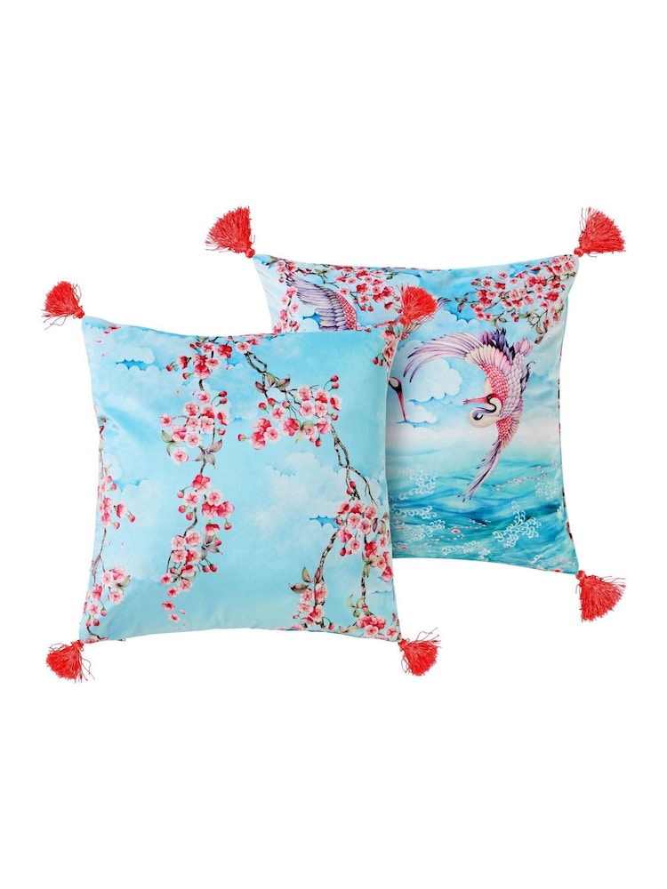 Joe Browns Aqua Cherry Blossom Tasselled Reversible Velvet Cushion - Image 6 of 6