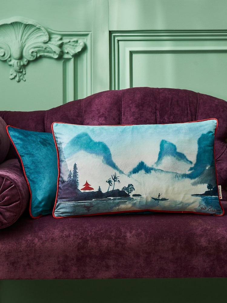Joe Browns Aqua Cherry Blossom Landscape Reversible Velvet Cushion - Image 1 of 6 Joe Browns Aqua Cherry Blossom Landscape Reversible Velvet Cushion - Image 1 of 6