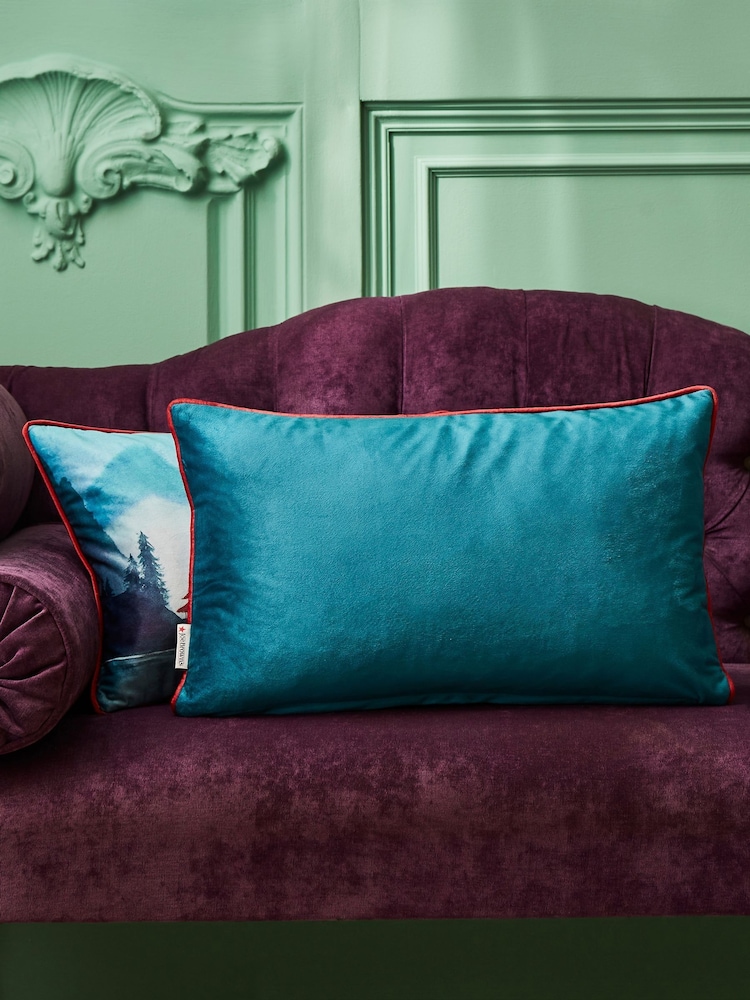Joe Browns Aqua Cherry Blossom Landscape Reversible Velvet Cushion - Image 2 of 6