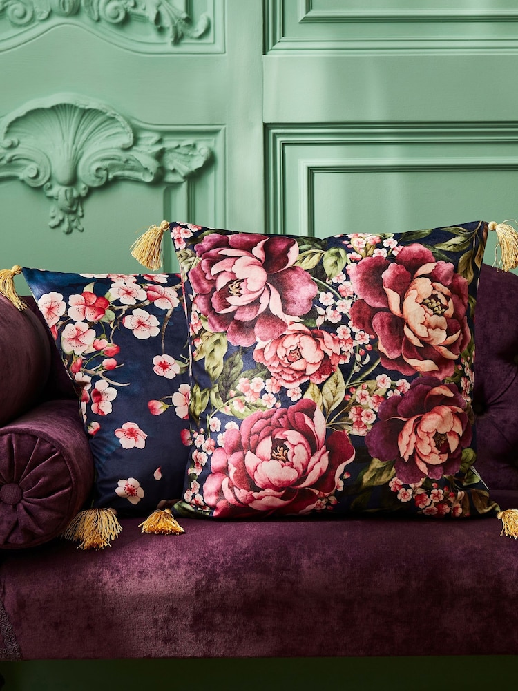 Joe Browns Navy Blossom Floral Tassel Reversible Velvet Cushion - Image 1 of 6