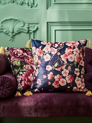 Joe Browns Navy Blossom Floral Tassel Reversible Velvet Cushion - Image 2 of 6