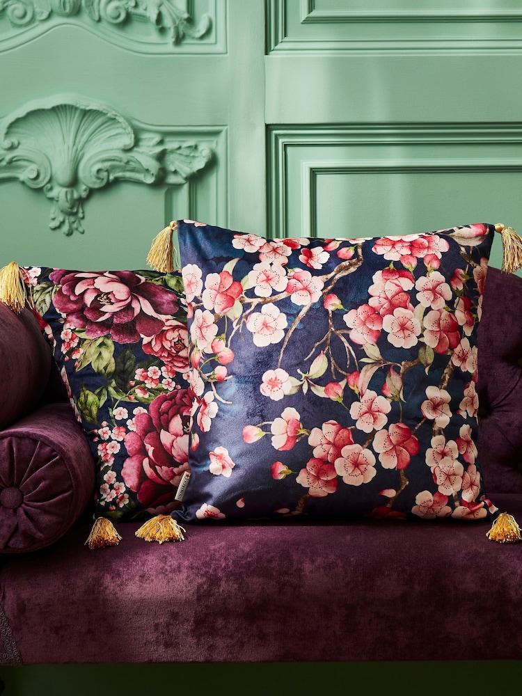 Joe Browns Navy Blossom Floral Tassel Reversible Velvet Cushion - Image 2 of 6