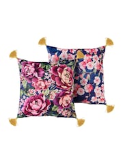 Joe Browns Navy Blossom Floral Tassel Reversible Velvet Cushion - Image 5 of 6
