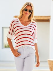 Sosandar Red Striped Tab Sleeve Linen T-Shirt - Image 1 of 4