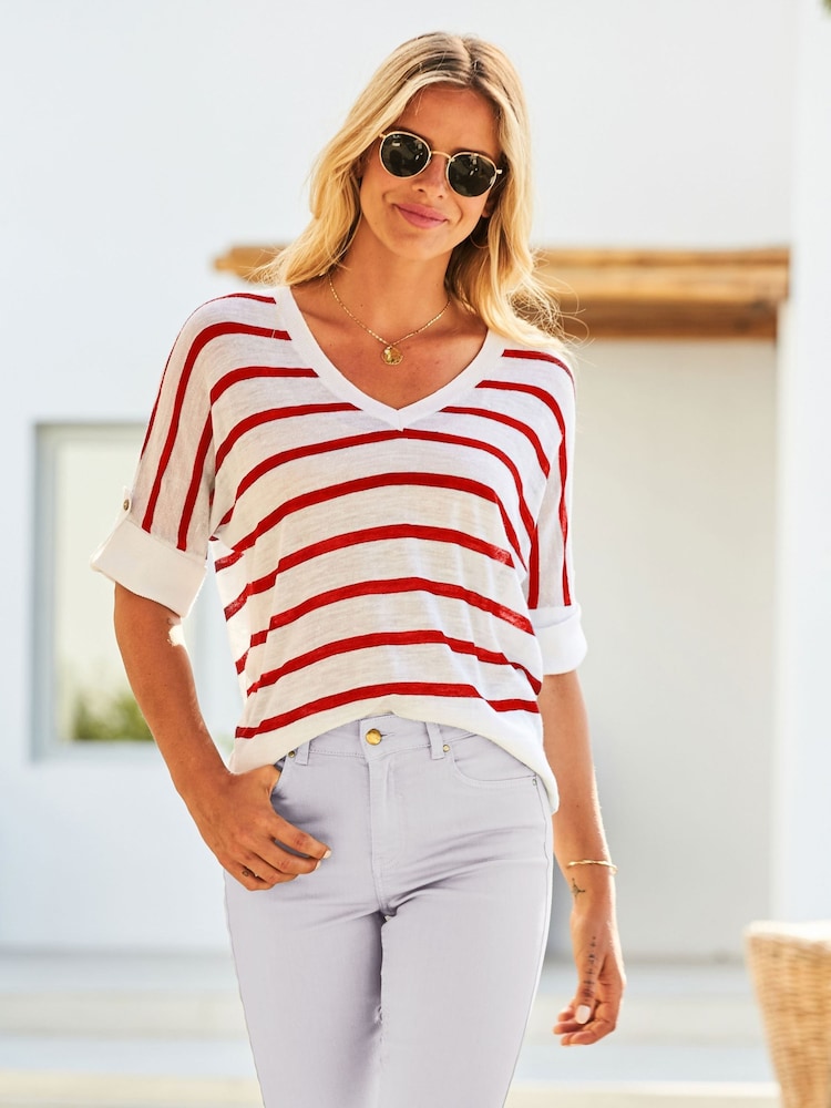 Sosandar Red Striped Tab Sleeve Linen T-Shirt - Image 1 of 4