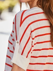 Sosandar Red Striped Tab Sleeve Linen T-Shirt - Image 4 of 4