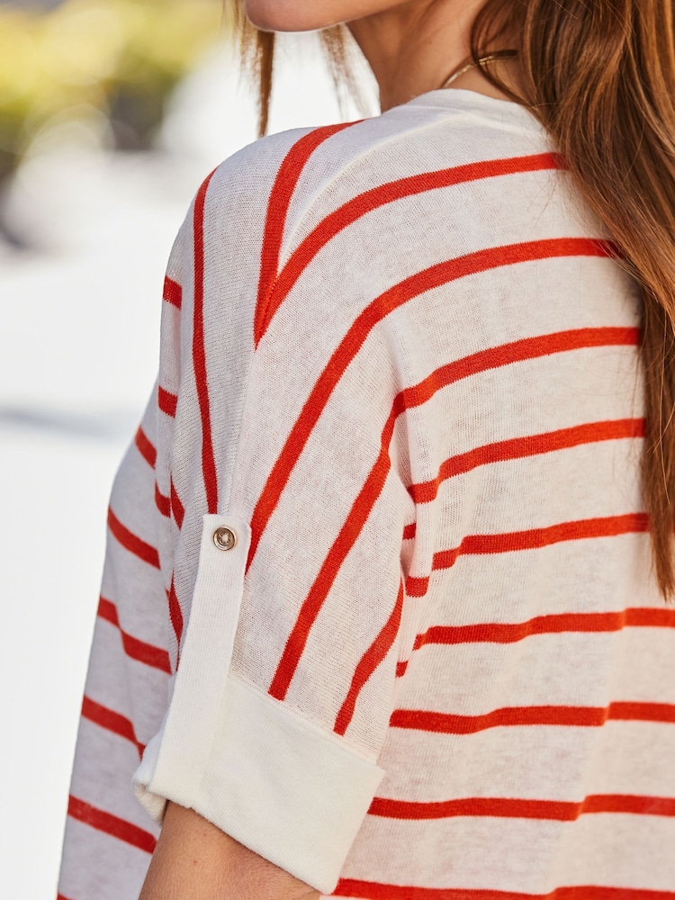 Sosandar Red Striped Tab Sleeve Linen T-Shirt - Image 4 of 4