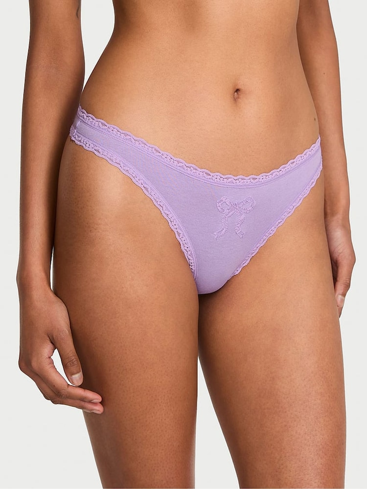 Victoria's Secret Jasmine Purple Bow Thong Cotton Lace Trim Knickers - Image 1 of 2 Victoria's Secret Jasmine Purple Bow Thong Cotton Lace Trim Knickers - Image 1 of 2