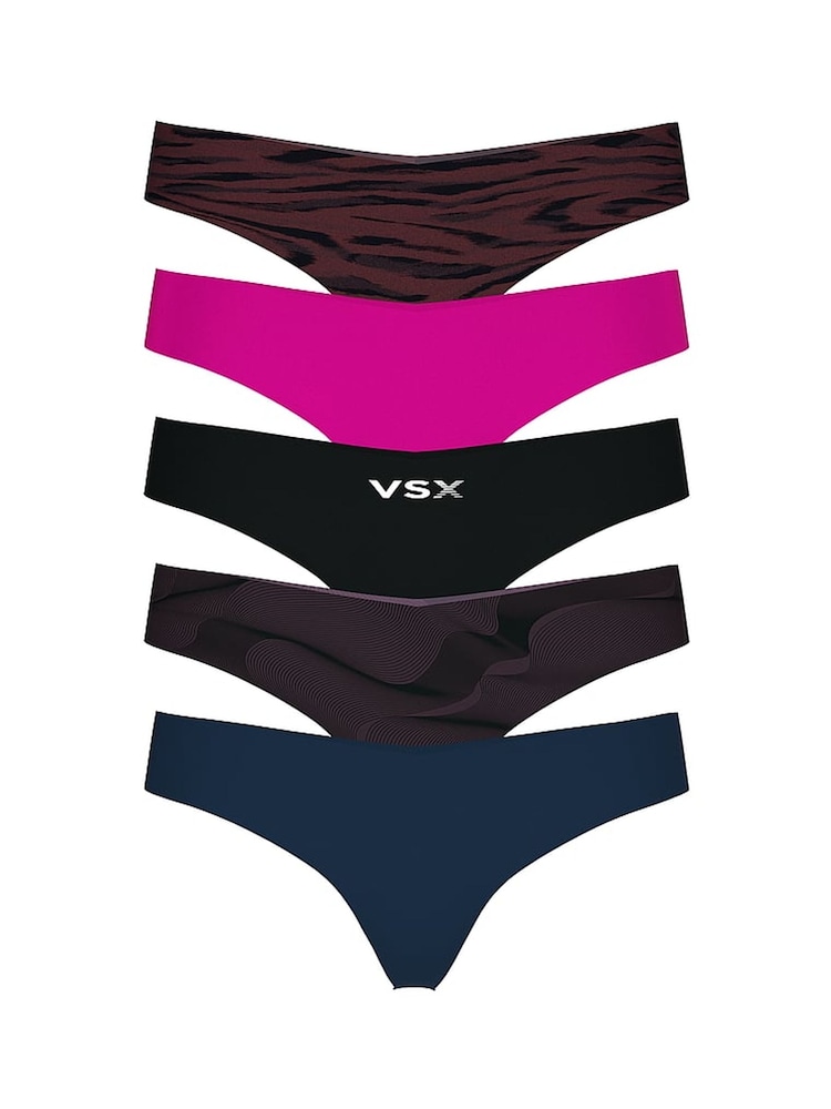 Victoria's Secret Black/Tiger/Pink/Blue Thong 5 Pack Knickers - Image 1 of 2 Victoria's Secret Black/Tiger/Pink/Blue Thong 5 Pack Knickers - Image 1 of 2
