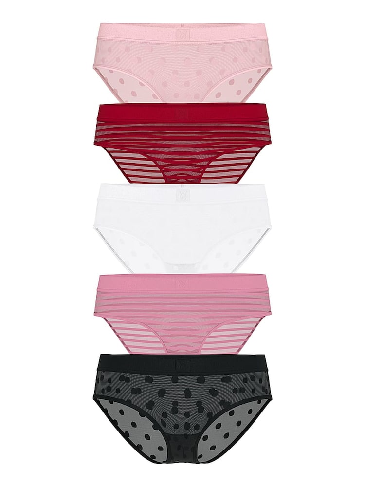 Victoria's Secret Pink/Red/Black/White Hipster 5 Pack Sheer Logo Knickers - Image 1 of 2 Victoria's Secret Pink/Red/Black/White Hipster 5 Pack Sheer Logo Knickers - Image 1 of 2