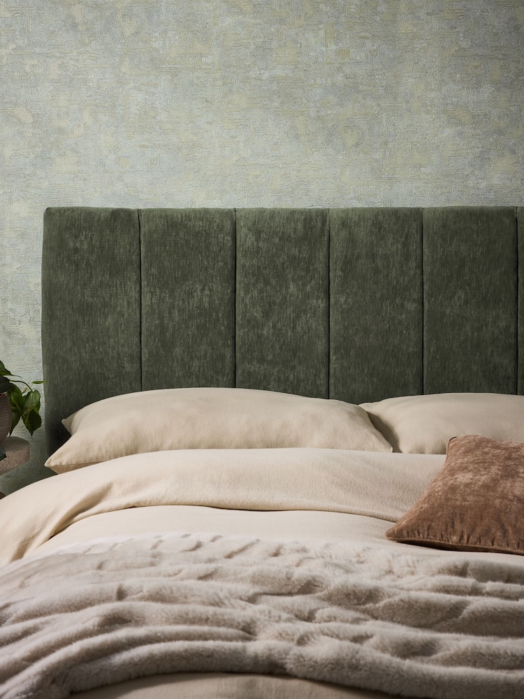 Fine Chenille Mid Khaki Green Panelled Upholstered Headboard - Image 1 of 4