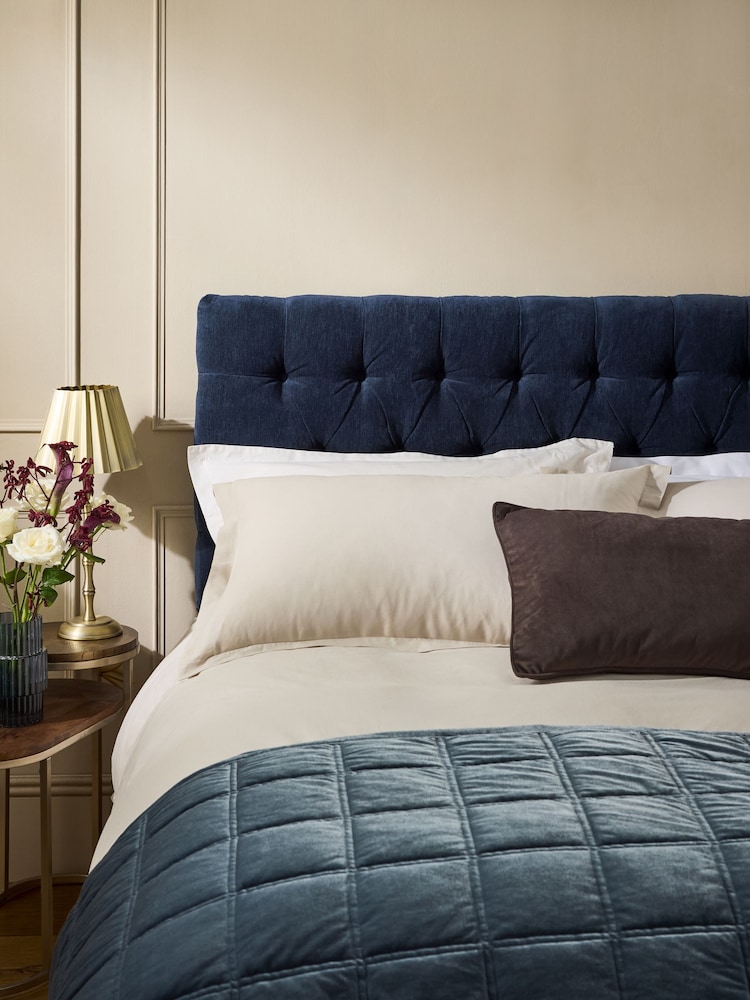 Fine Chenille Dark Navy Blue Parisian Buttoned Upholstered Headboard - Image 1 of 4