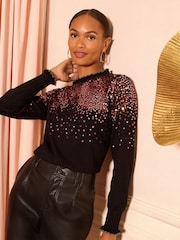 Love & Roses Black Multi Petite Sequin Frill Neck Knit Jumper - Image 1 of 4