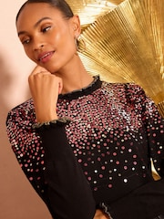 Love & Roses Black Multi Petite Sequin Frill Neck Knit Jumper - Image 2 of 4