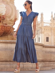 Sosandar Blue Ruffle Sleeve Tiered Hem Midi Dress - Image 2 of 5