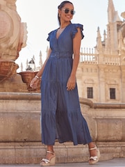 Sosandar Blue Ruffle Sleeve Tiered Hem Midi Dress - Image 5 of 5