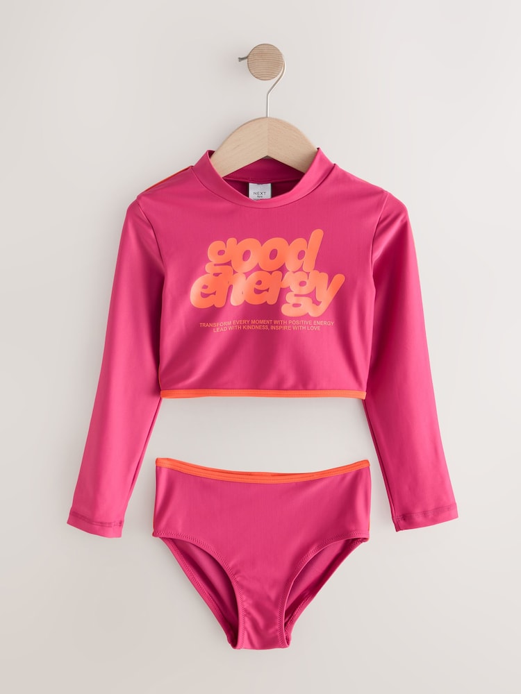 Red/Orange Slogan Long Sleeve Bikini (3-16yrs) - Image 1 of 4 Red/Orange Slogan Long Sleeve Bikini (3-16yrs) - Image 1 of 4