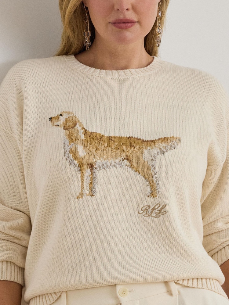 Lauren Ralph Lauren Cream Curve Tonal Logo Knit Jumper - Image 1 of 4