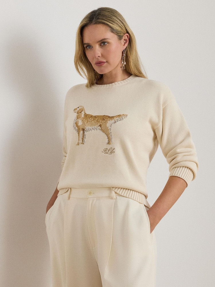Lauren Ralph Lauren Cream Curve Tonal Logo Knit Jumper - Image 4 of 4