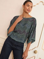 Love & Roses Teal Blue Chevron Petite Wide Neck Lurex Knitted Jumper - Image 1 of 4