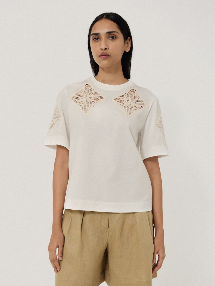 Jigsaw Cream 100% Cotton Embroidered T-Shirt - Image 1 of 7