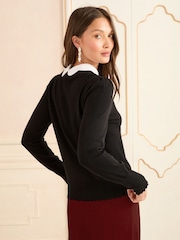 Love & Roses Black Scallop Woven Collar Knit Jumper - Image 4 of 4