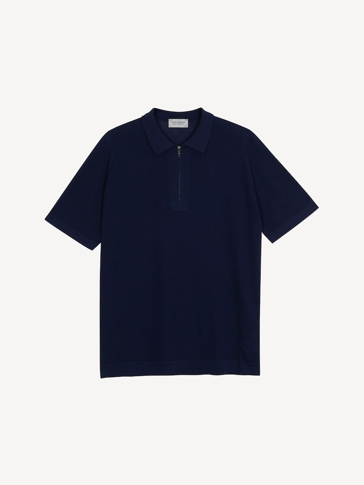 John Smedley Blue Sandbanks Zip Short Sleeve Cotton Knit Polo Shirt - Image 1 of 1