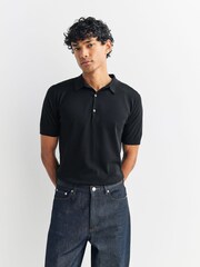 John Smedley Black Adrian Short Sleeve Cotton Knit Polo Shirt - Image 1 of 6