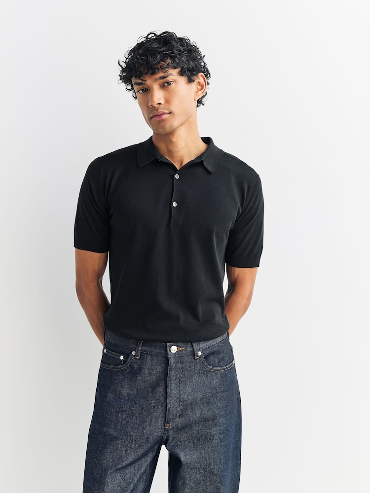 John Smedley Black Adrian Short Sleeve Cotton Knit Polo Shirt - Image 1 of 6