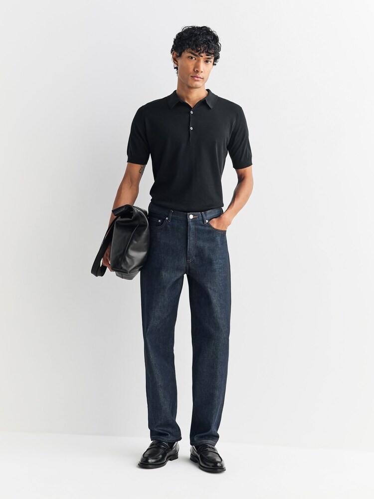 John Smedley Black Adrian Short Sleeve Cotton Knit Polo Shirt - Image 2 of 6