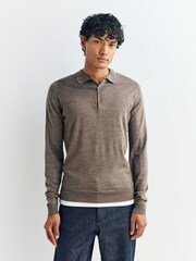 John Smedley Brown Belper Long Sleeve Merino Wool Polo Shirt - Image 1 of 6