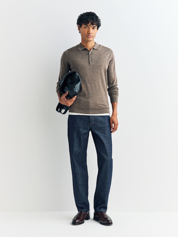 John Smedley Brown Belper Long Sleeve Merino Wool Polo Shirt - Image 2 of 6