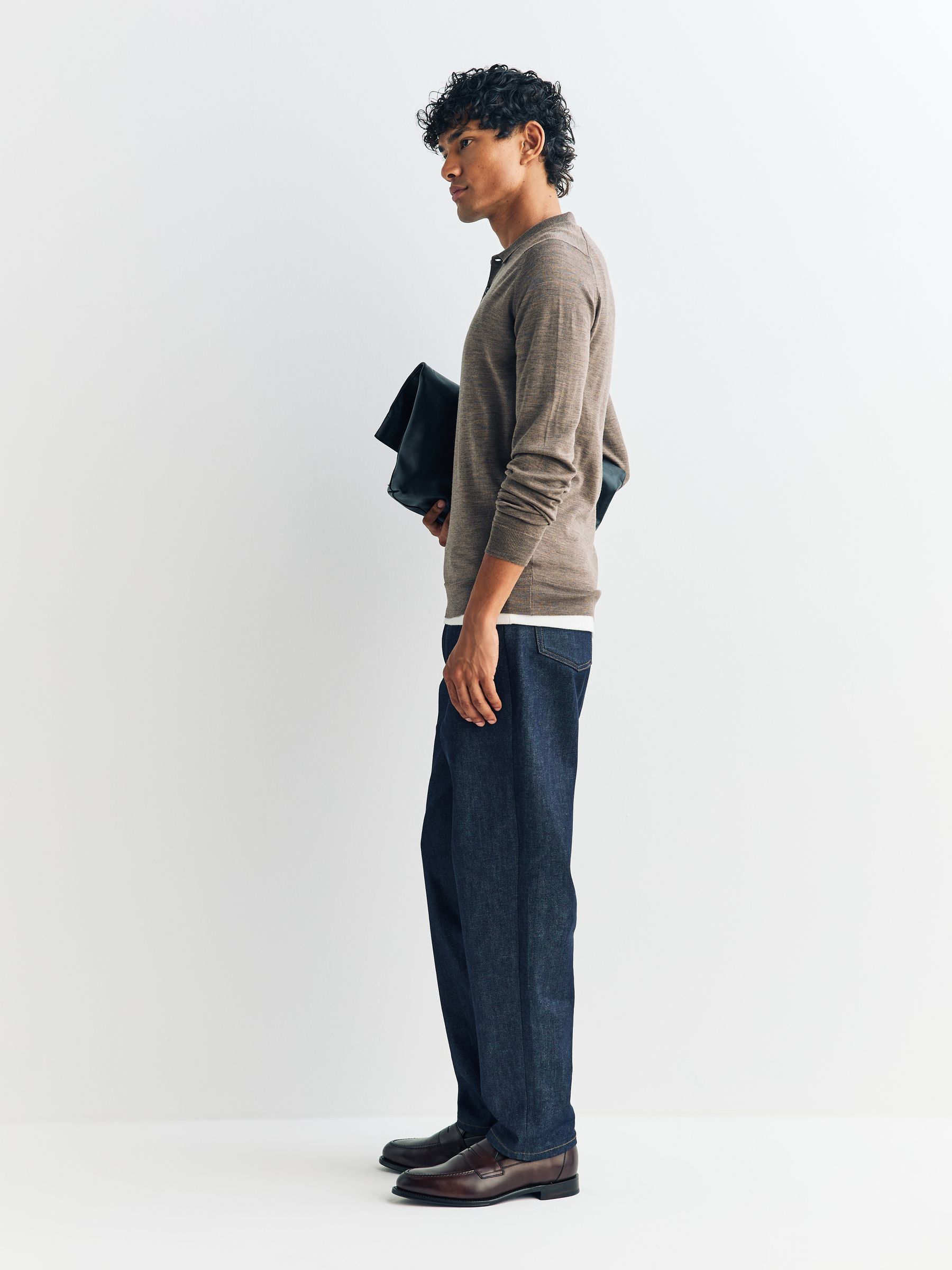 Buy John Smedley Brown Belper Long Sleeve Merino Wool Polo Shirt