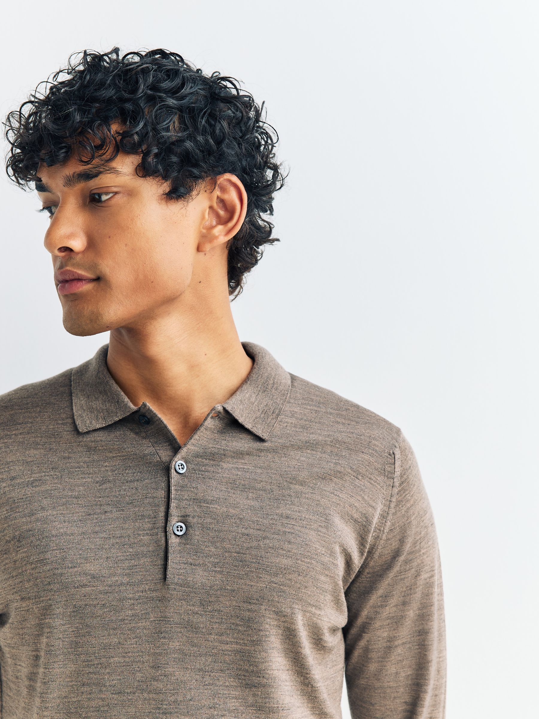 Buy John Smedley Brown Belper Long Sleeve Merino Wool Polo Shirt