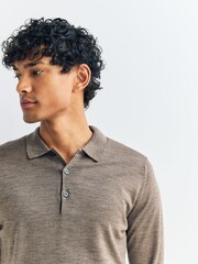 John Smedley Brown Belper Long Sleeve Merino Wool Polo Shirt - Image 5 of 6