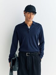 John Smedley Blue Belper Long Sleeve Merino Wool Polo Shirt - Image 1 of 6