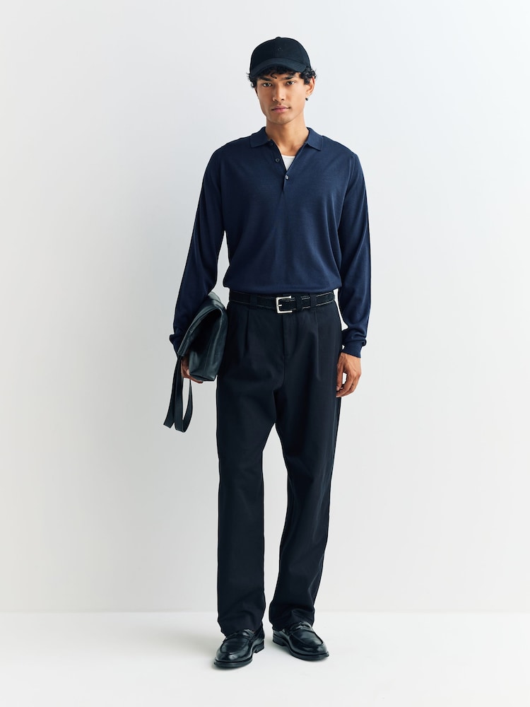 John Smedley Blue Belper Long Sleeve Merino Wool Polo Shirt - Image 2 of 6 John Smedley Blue Belper Long Sleeve Merino Wool Polo Shirt - Image 2 of 6